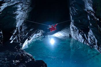 Ziplining zip line in abandoned slate mine near betws-y-coed snowdonia